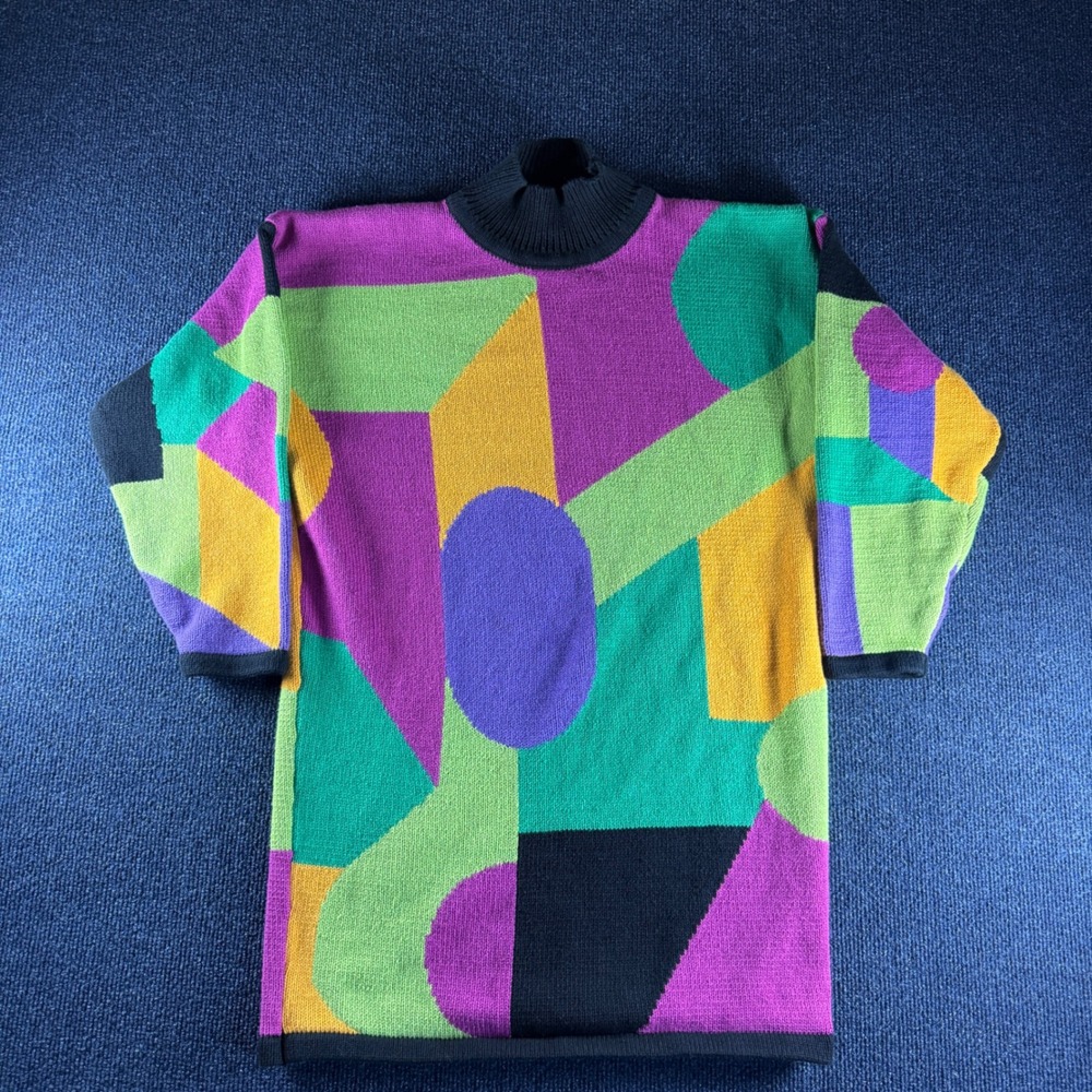 Saint Nouvara‎ Vintage 80s Geometric Colorblock Cotton Mock Neck Sweater Small